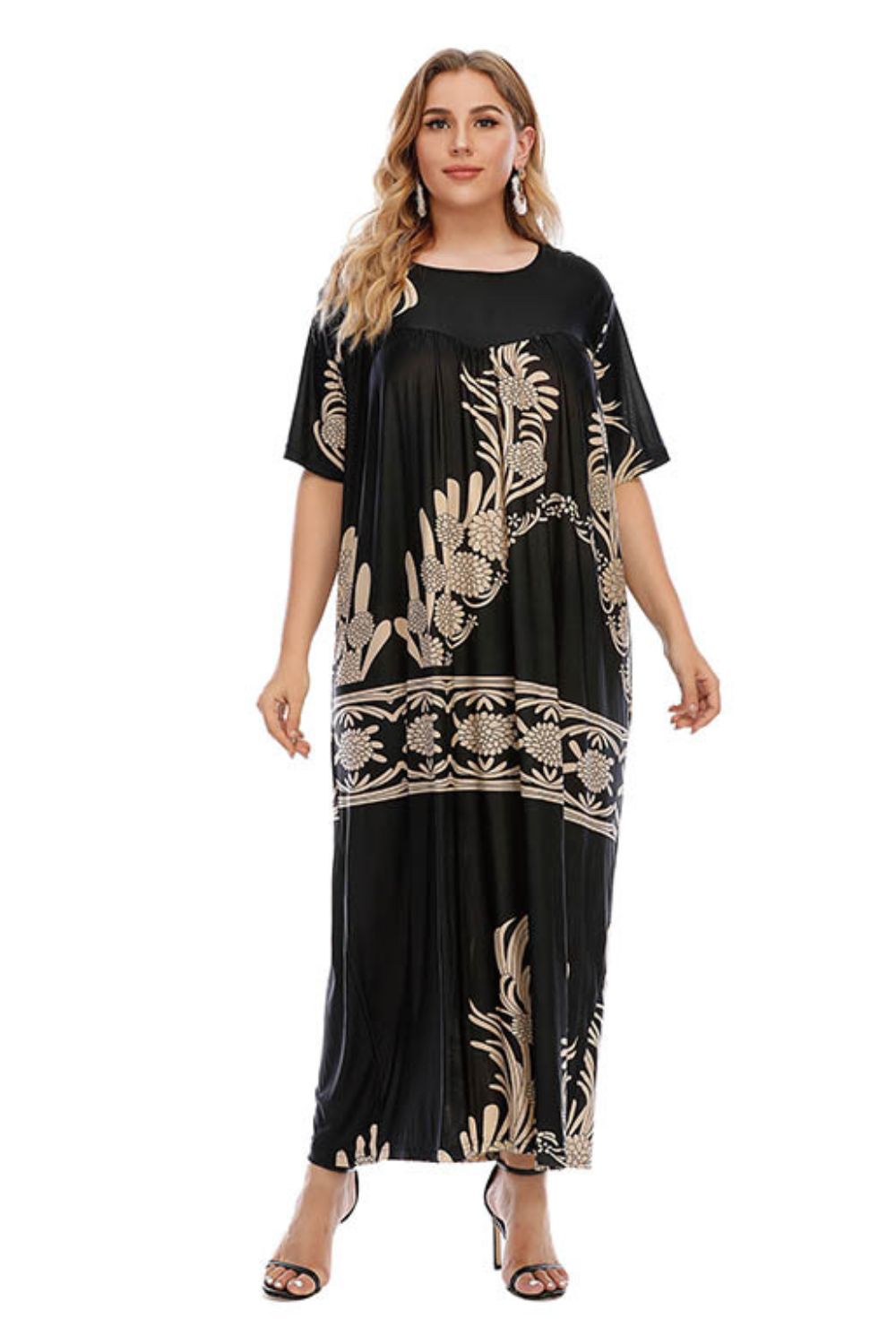 Plus Size Floral Round Neck Half Sleeve Maxi Dress-Pimamour