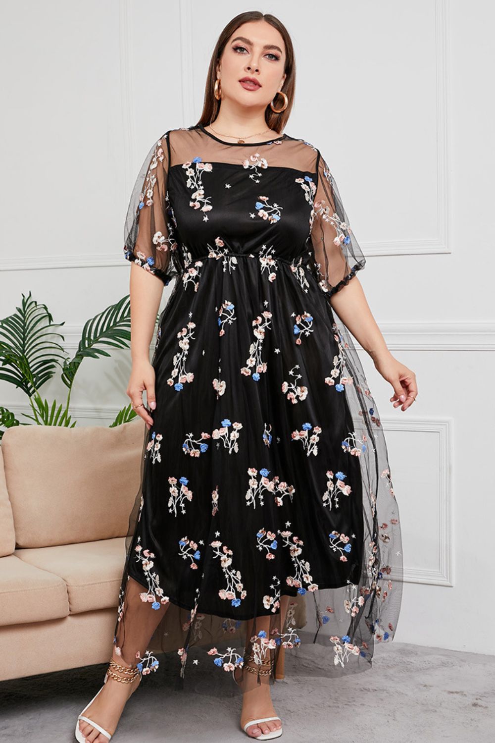 Plus Size Layered Mesh Round Neck Maxi Dress-Pimamour