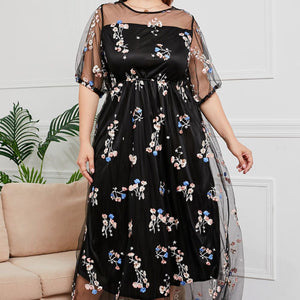 Plus Size Layered Mesh Round Neck Maxi Dress-Pimamour