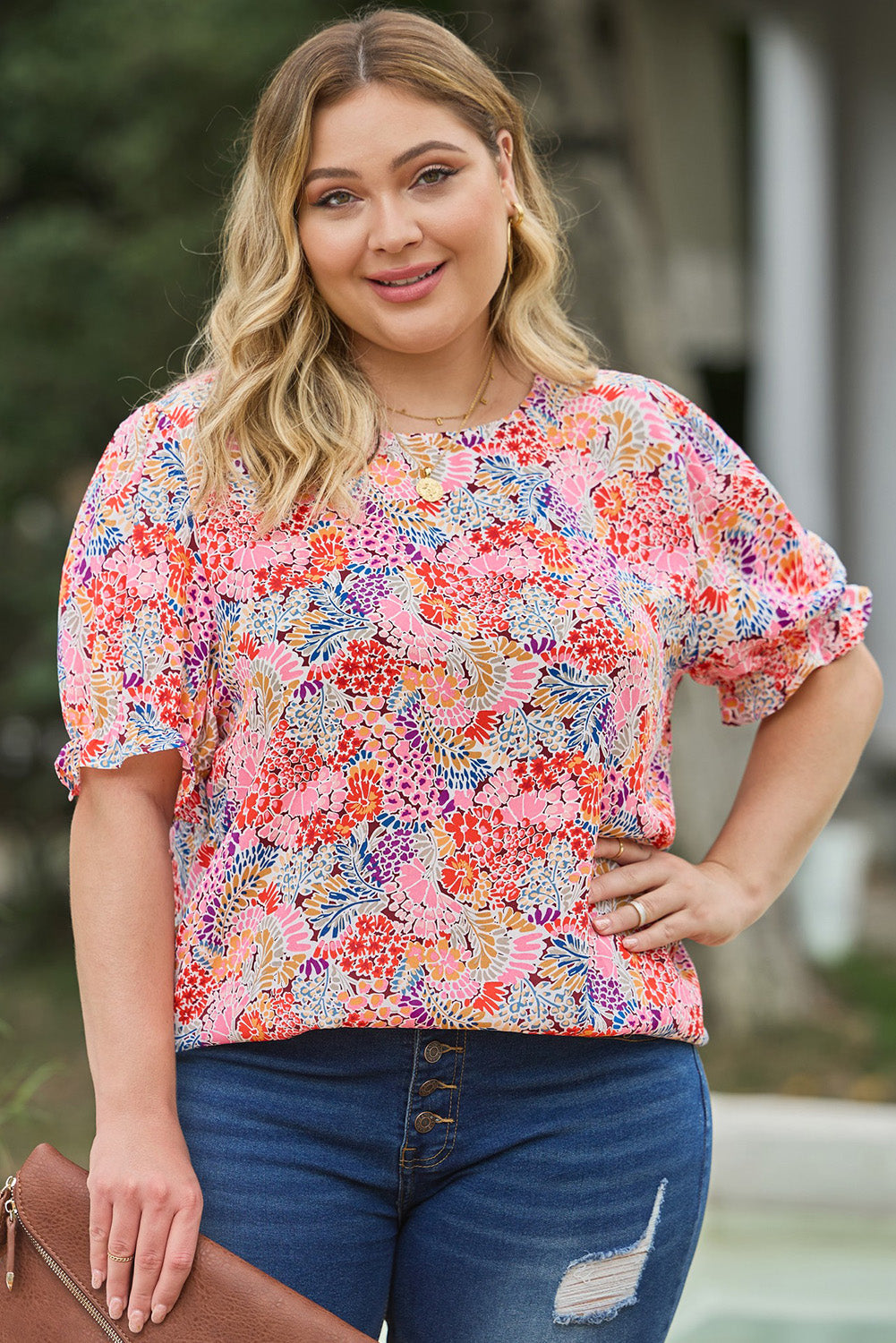 Plus Size Multicolored Round Neck Flounce Sleeve Blouse-Pimamour