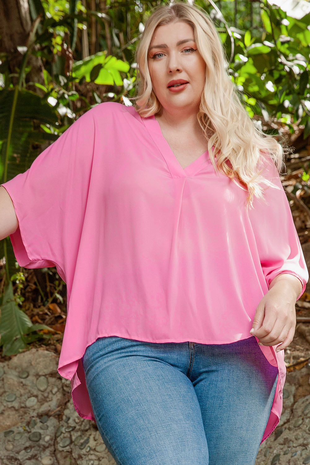 Plus Size Notched Neck Half Sleeve Blouse-Pimamour