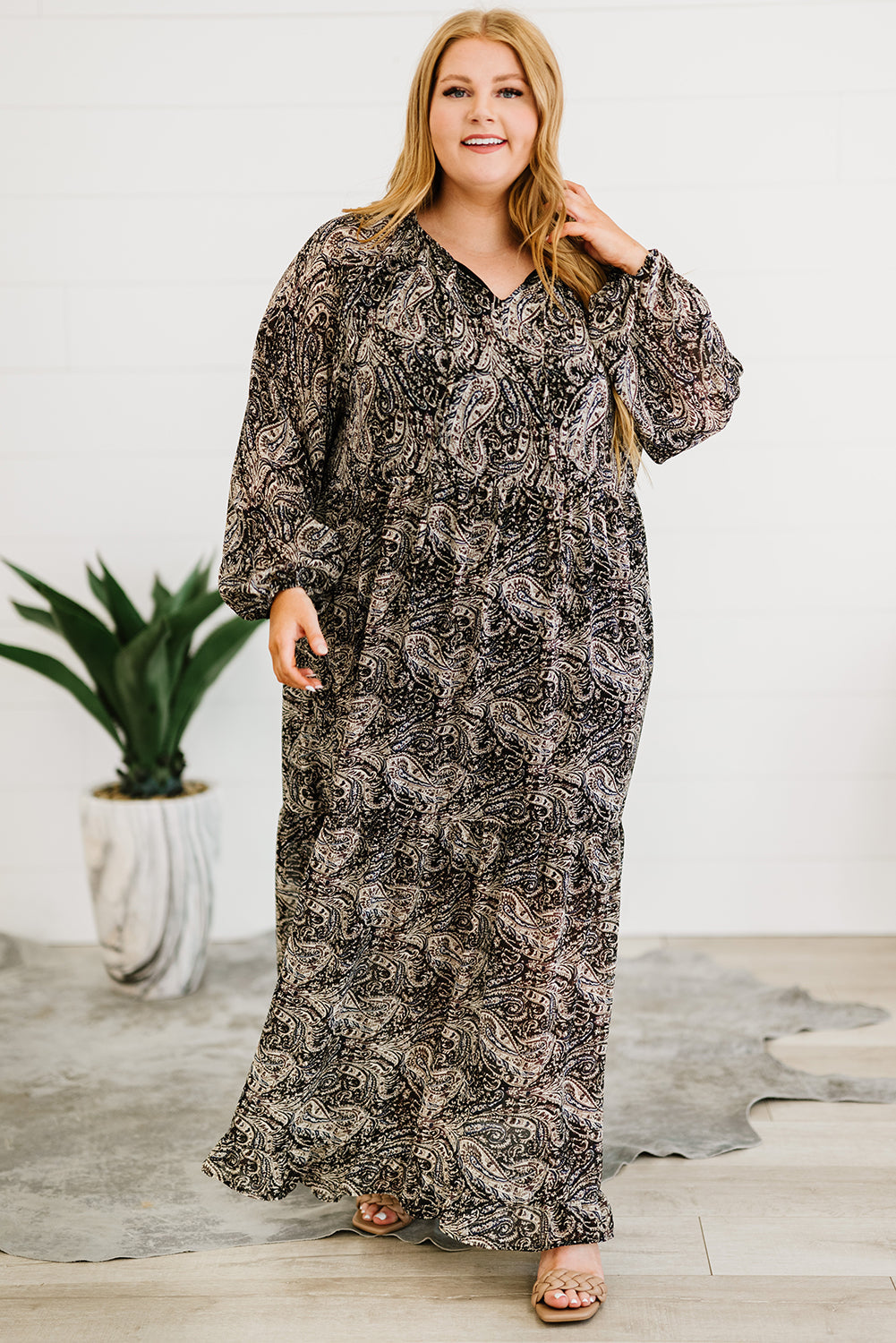 Plus Size Paisley Print Balloon Sleeve Maxi Dress-Pimamour