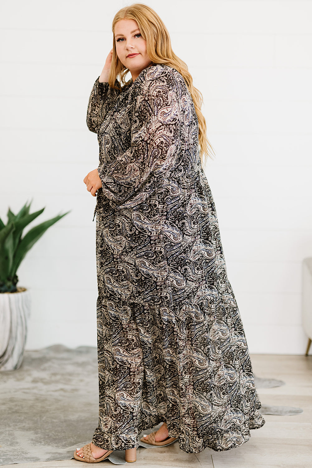 Plus Size Paisley Print Balloon Sleeve Maxi Dress-Pimamour