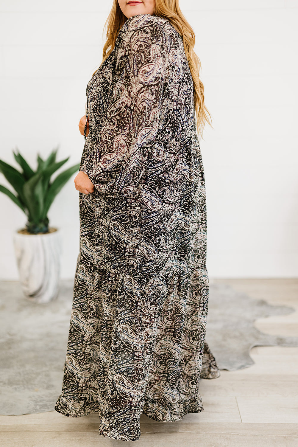 Plus Size Paisley Print Balloon Sleeve Maxi Dress-Pimamour