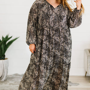 Plus Size Paisley Print Balloon Sleeve Maxi Dress-Pimamour