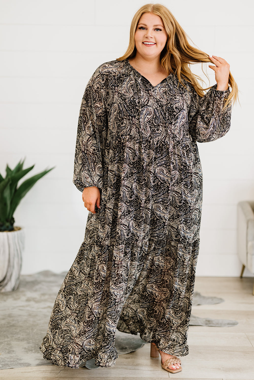 Plus Size Paisley Print Balloon Sleeve Maxi Dress-Pimamour