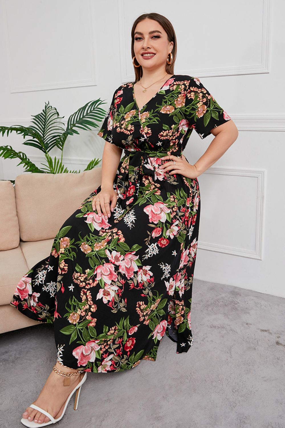 Plus Size Printed Surplice Short Sleeve Maxi Dress-Pimamour