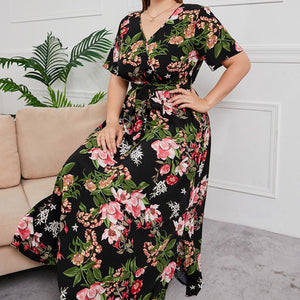 Plus Size Printed Surplice Short Sleeve Maxi Dress-Pimamour