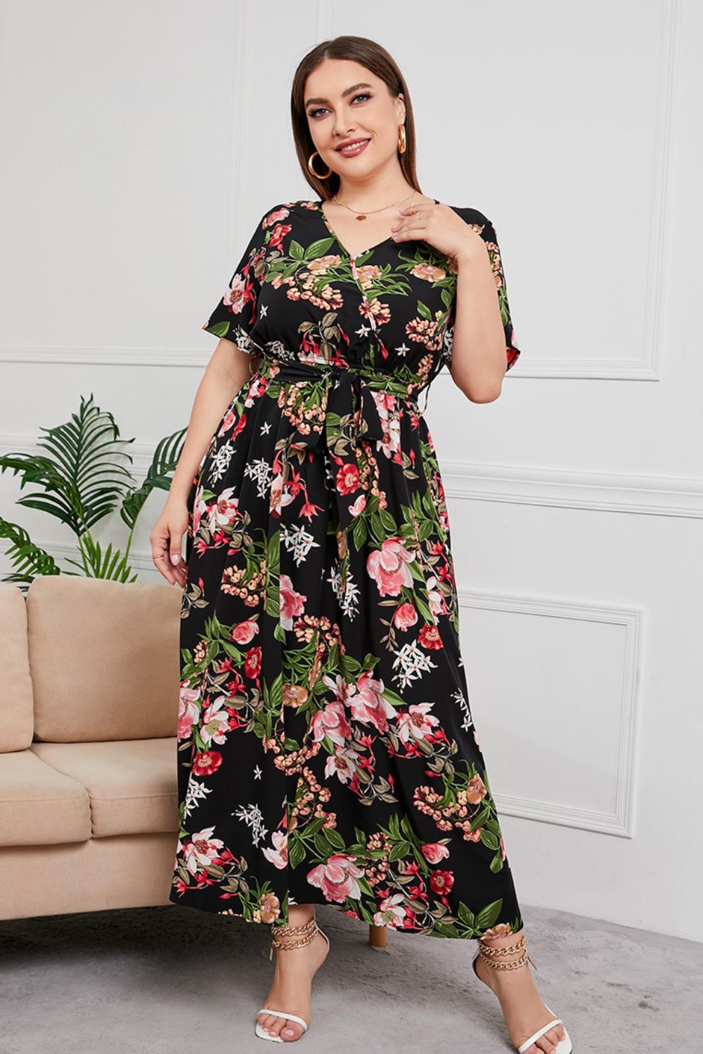 Plus Size Printed Surplice Short Sleeve Maxi Dress-Pimamour