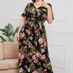 Plus Size Printed Surplice Short Sleeve Maxi Dress-Pimamour