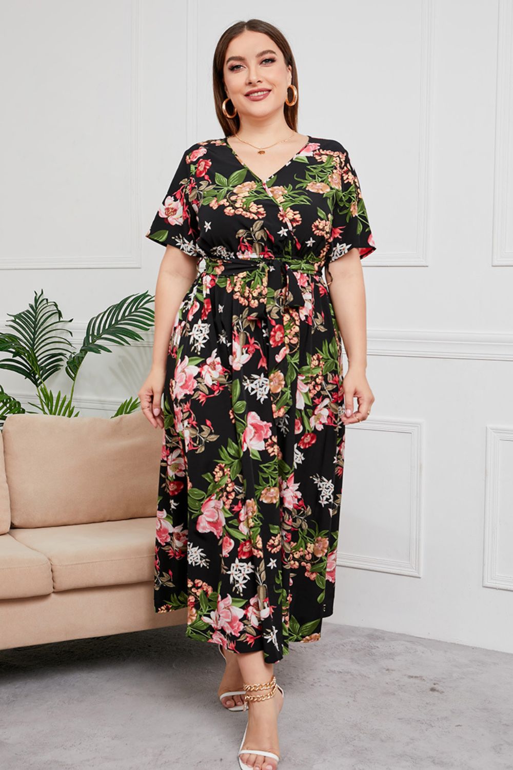 Plus Size Printed Surplice Short Sleeve Maxi Dress-Pimamour