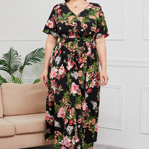 Plus Size Printed Surplice Short Sleeve Maxi Dress-Pimamour