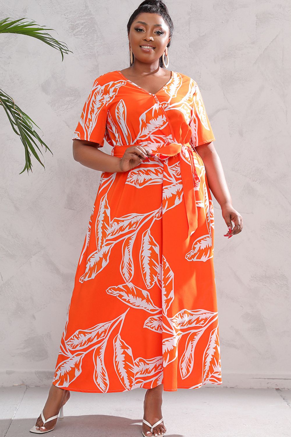 Plus Size Printed Surplice Short Sleeve Maxi Dress-Pimamour