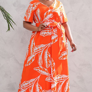 Plus Size Printed Surplice Short Sleeve Maxi Dress-Pimamour