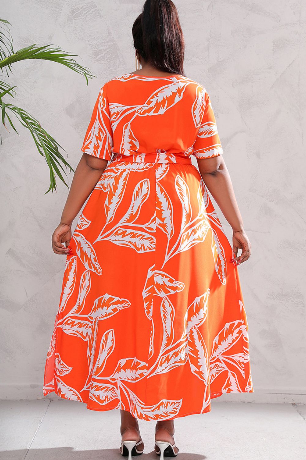 Plus Size Printed Surplice Short Sleeve Maxi Dress-Pimamour