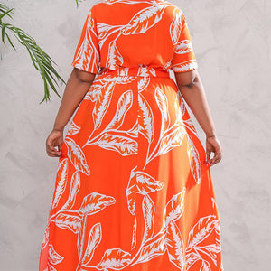 Plus Size Printed Surplice Short Sleeve Maxi Dress-Pimamour