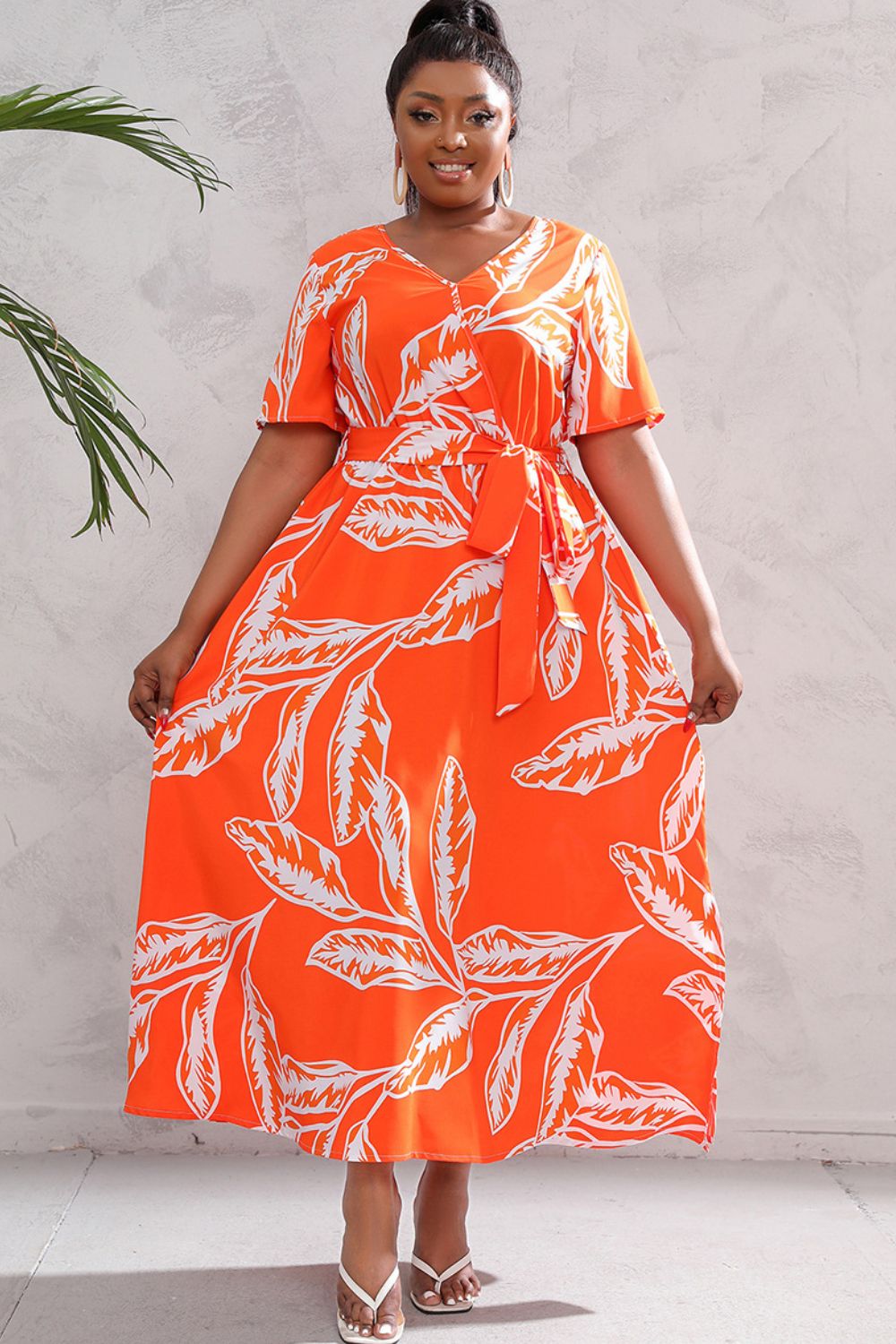 Plus Size Printed Surplice Short Sleeve Maxi Dress-Pimamour