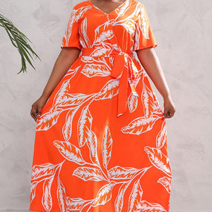 Plus Size Printed Surplice Short Sleeve Maxi Dress-Pimamour