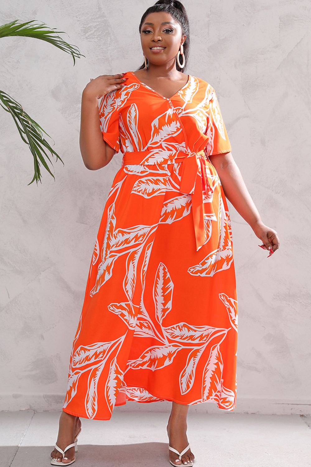 Plus Size Printed Surplice Short Sleeve Maxi Dress-Pimamour