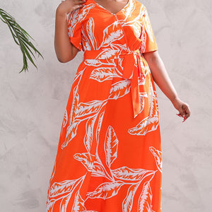 Plus Size Printed Surplice Short Sleeve Maxi Dress-Pimamour