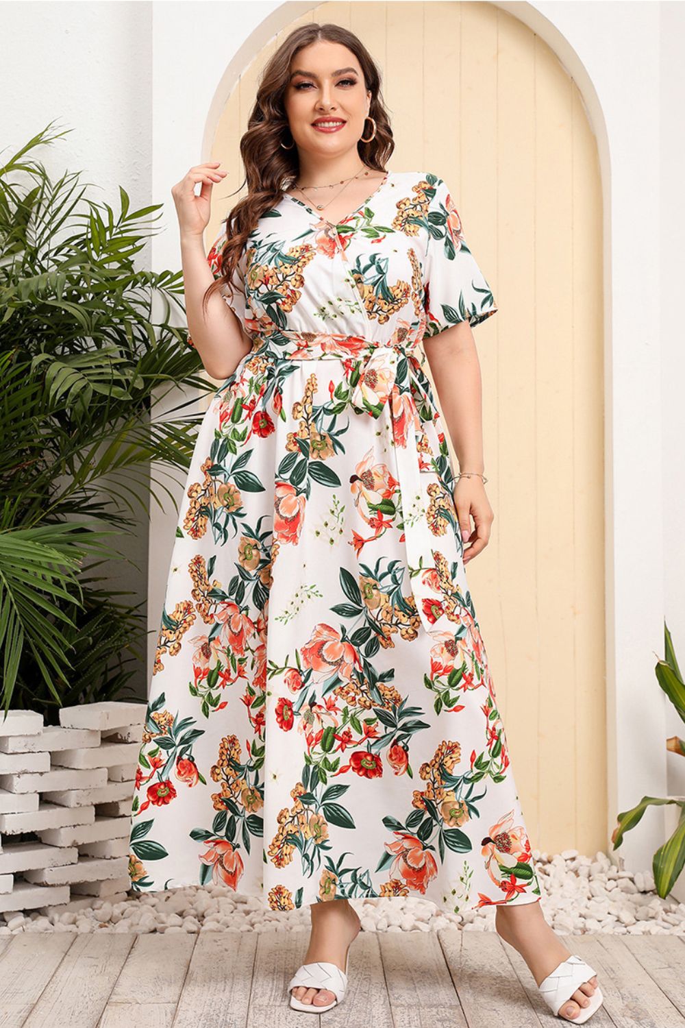 Plus Size Printed Surplice Short Sleeve Maxi Dress-Pimamour