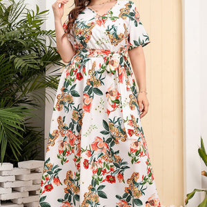 Plus Size Printed Surplice Short Sleeve Maxi Dress-Pimamour