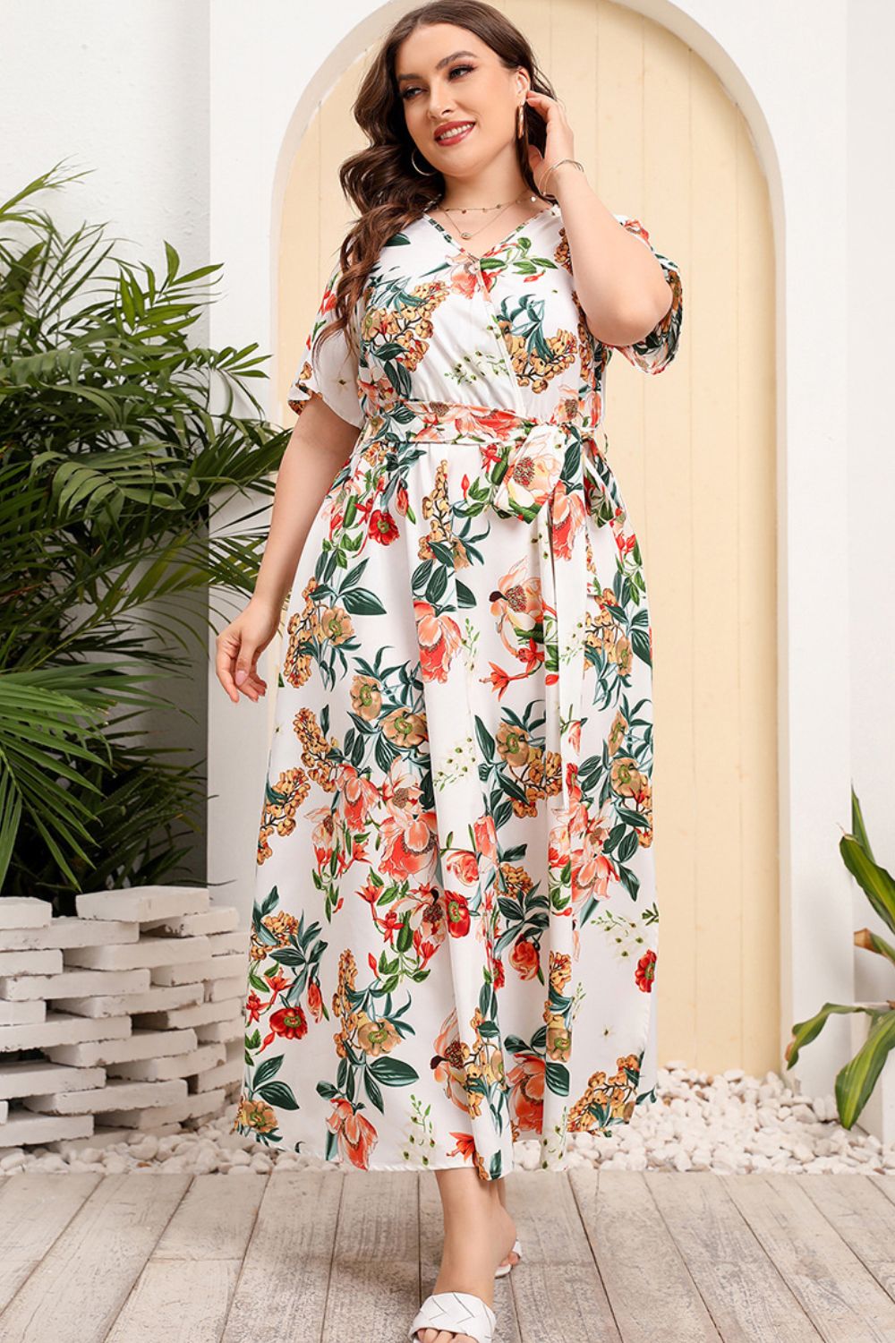 Plus Size Printed Surplice Short Sleeve Maxi Dress-Pimamour