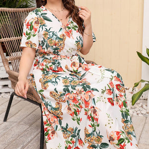 Plus Size Printed Surplice Short Sleeve Maxi Dress-Pimamour