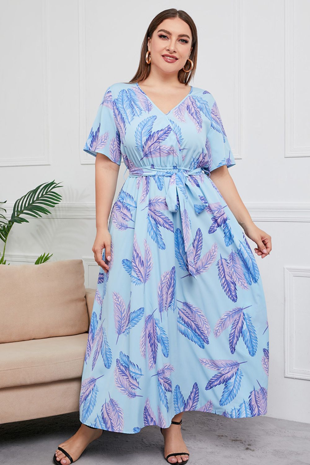 Plus Size Printed Surplice Short Sleeve Maxi Dress-Pimamour