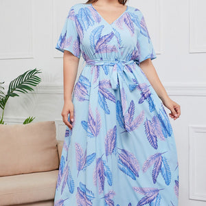 Plus Size Printed Surplice Short Sleeve Maxi Dress-Pimamour