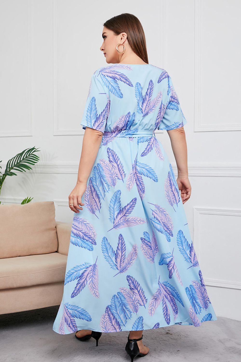 Plus Size Printed Surplice Short Sleeve Maxi Dress-Pimamour