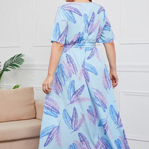 Plus Size Printed Surplice Short Sleeve Maxi Dress-Pimamour