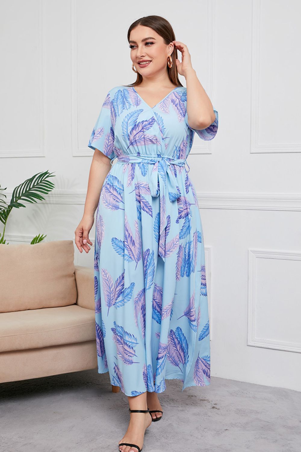 Plus Size Printed Surplice Short Sleeve Maxi Dress-Pimamour