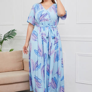 Plus Size Printed Surplice Short Sleeve Maxi Dress-Pimamour