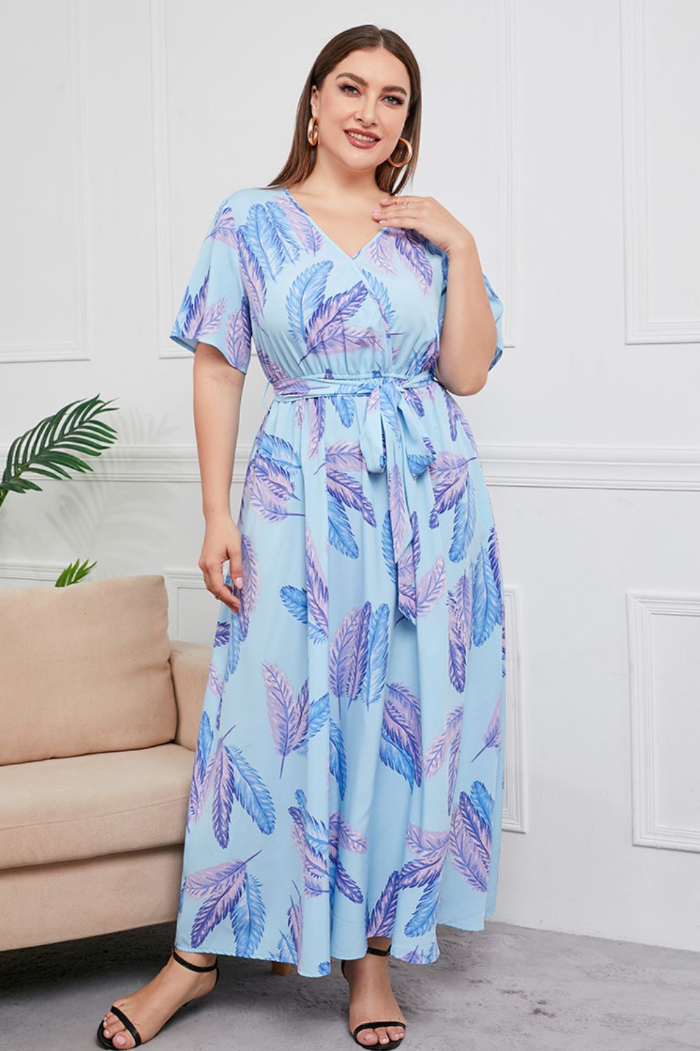 Plus Size Printed Surplice Short Sleeve Maxi Dress-Pimamour