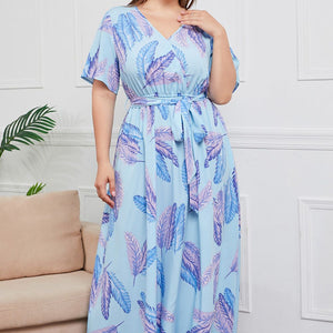 Plus Size Printed Surplice Short Sleeve Maxi Dress-Pimamour