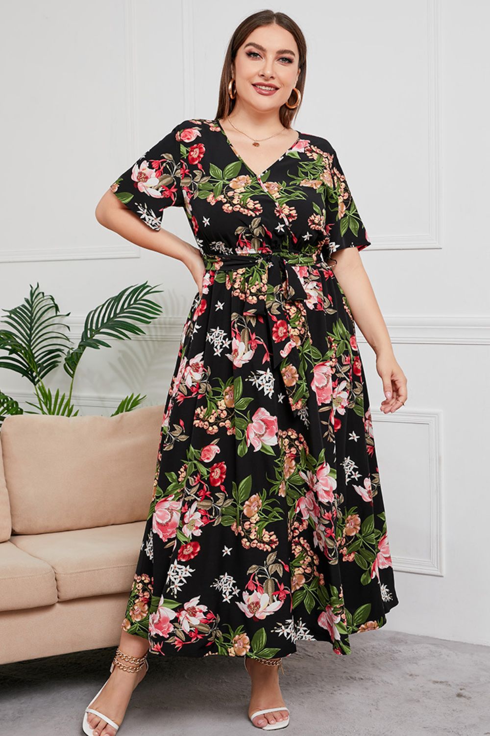 Plus Size Printed Surplice Short Sleeve Maxi Dress-Pimamour