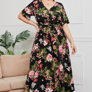 Plus Size Printed Surplice Short Sleeve Maxi Dress-Pimamour