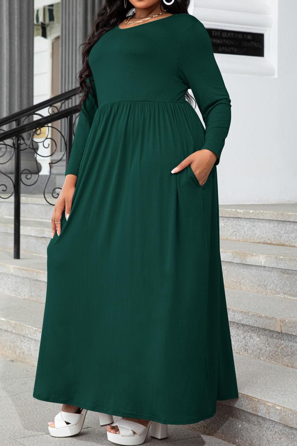 Plus Size Round Neck Long Sleeve Maxi Dress with Pockets-Pimamour