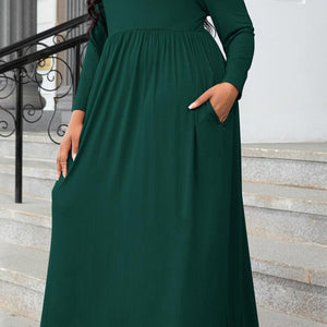 Plus Size Round Neck Long Sleeve Maxi Dress with Pockets-Pimamour