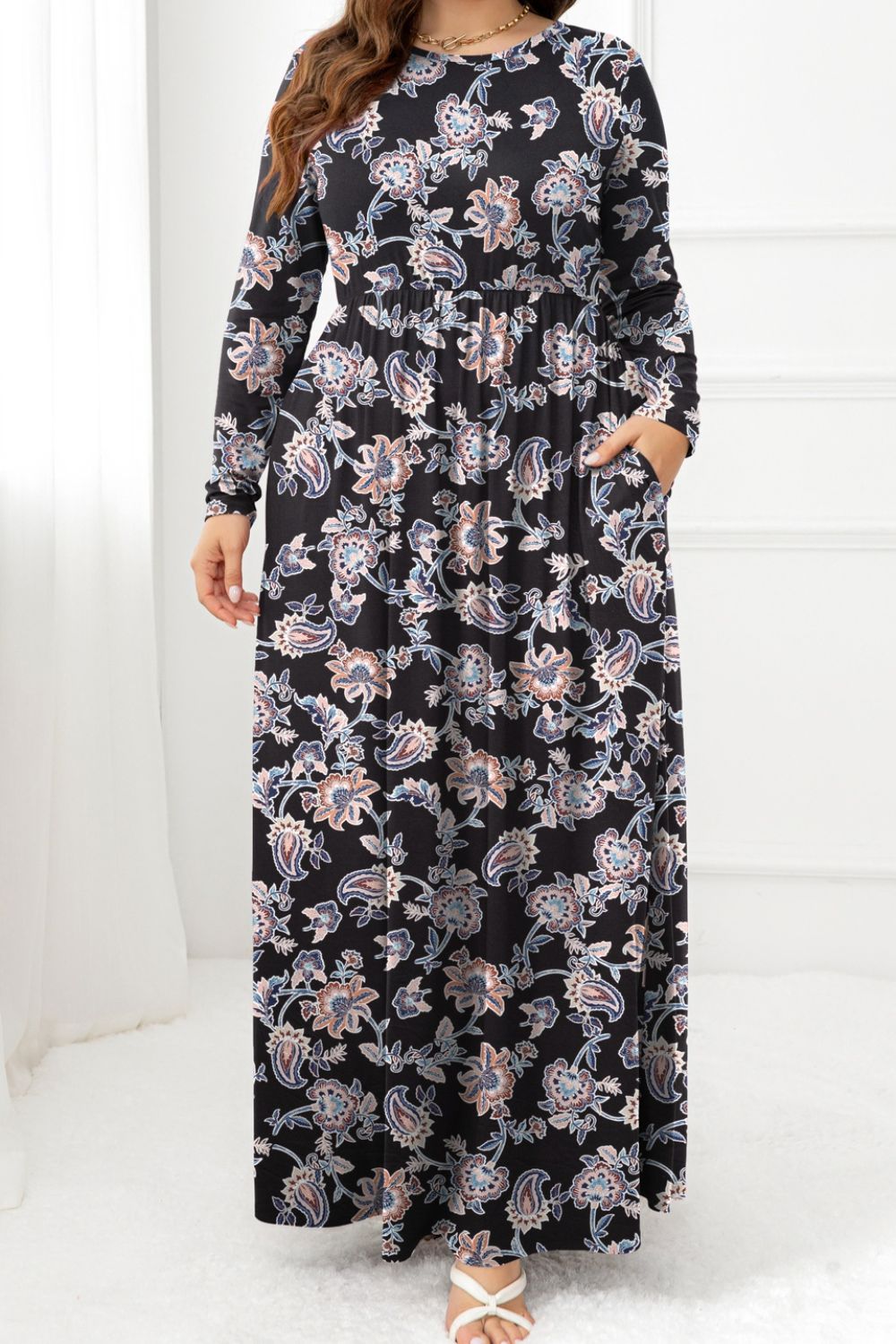 Plus Size Round Neck Long Sleeve Maxi Dress with Pockets-Pimamour