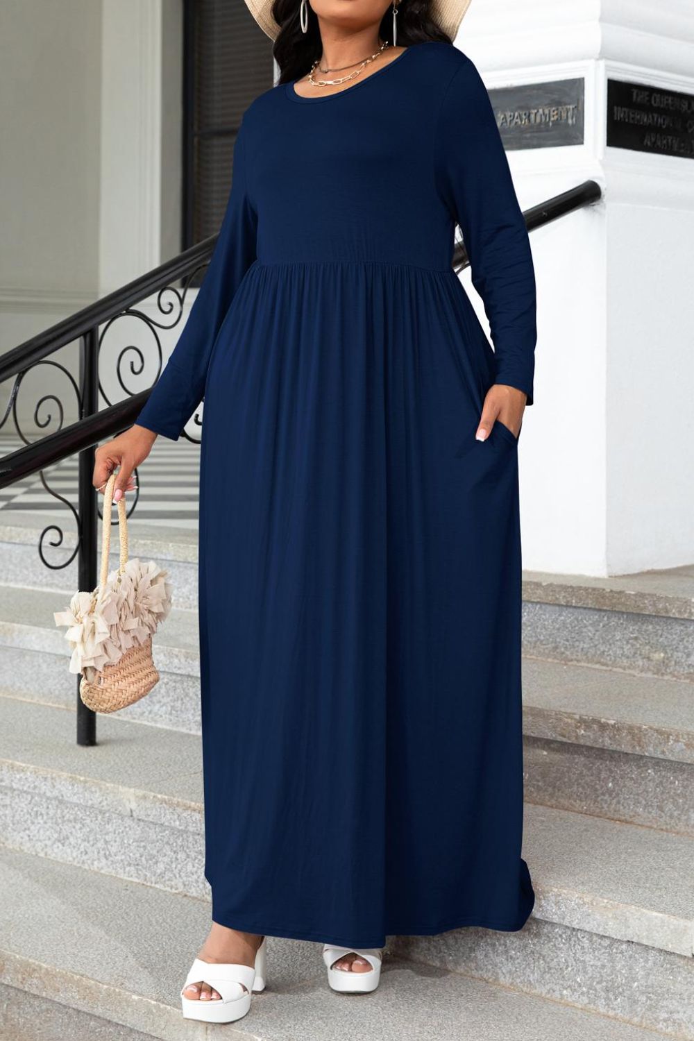 Plus Size Round Neck Long Sleeve Maxi Dress with Pockets-Pimamour