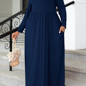 Plus Size Round Neck Long Sleeve Maxi Dress with Pockets-Pimamour