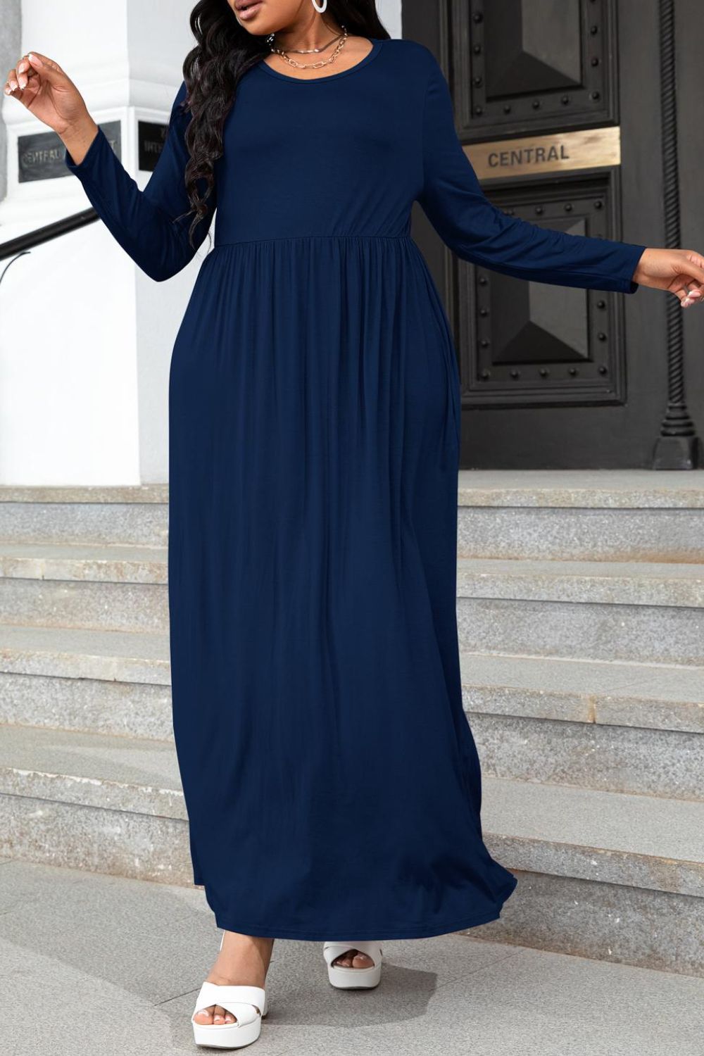 Plus Size Round Neck Long Sleeve Maxi Dress with Pockets-Pimamour