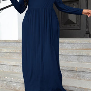 Plus Size Round Neck Long Sleeve Maxi Dress with Pockets-Pimamour