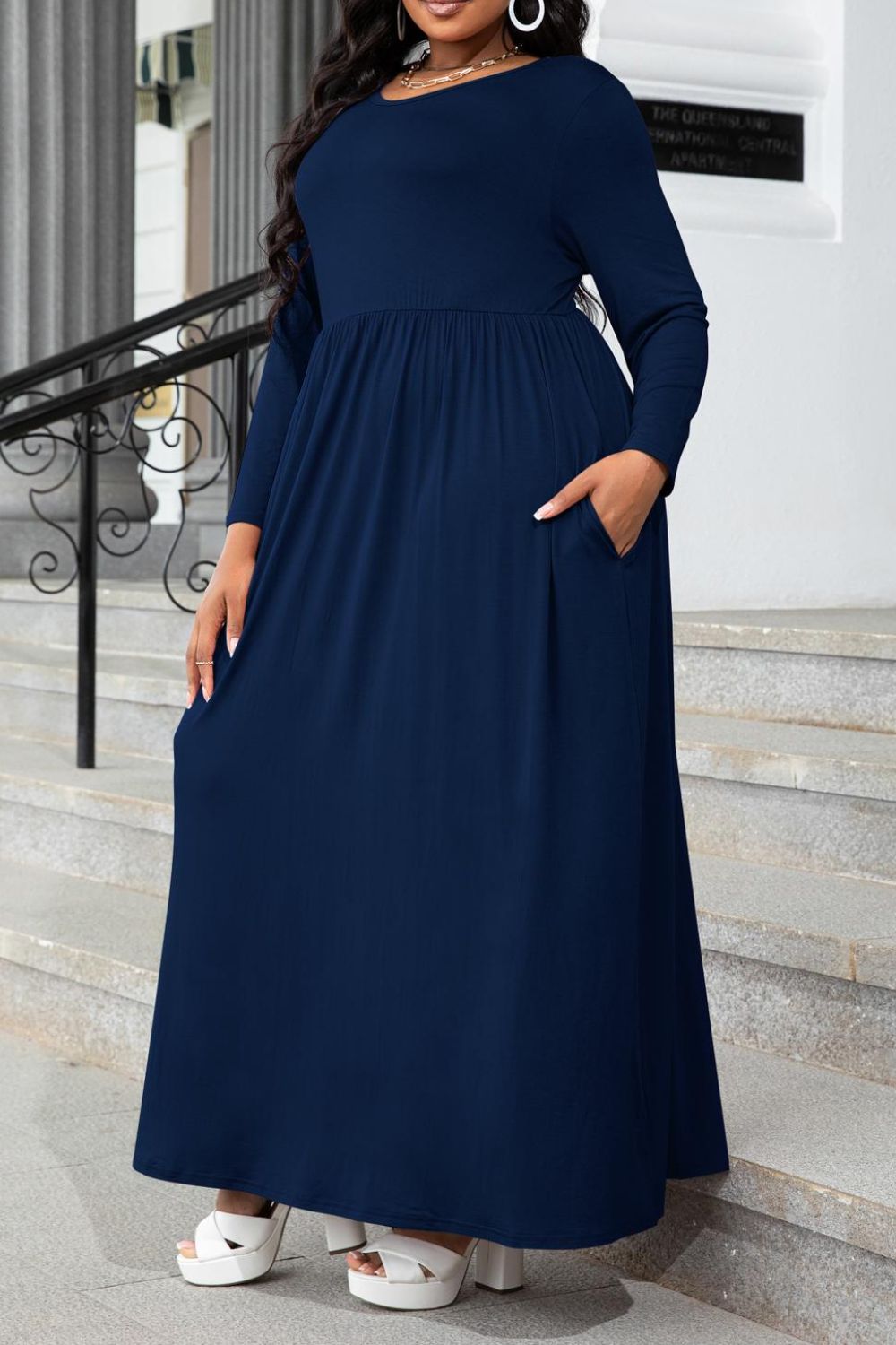 Plus Size Round Neck Long Sleeve Maxi Dress with Pockets-Pimamour