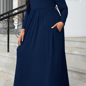 Plus Size Round Neck Long Sleeve Maxi Dress with Pockets-Pimamour