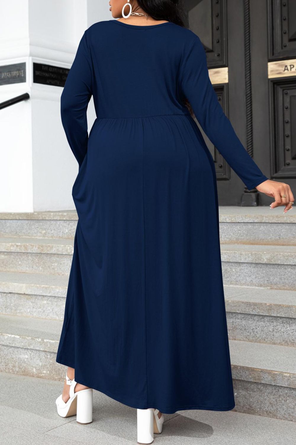 Plus Size Round Neck Long Sleeve Maxi Dress with Pockets-Pimamour