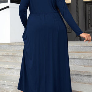 Plus Size Round Neck Long Sleeve Maxi Dress with Pockets-Pimamour