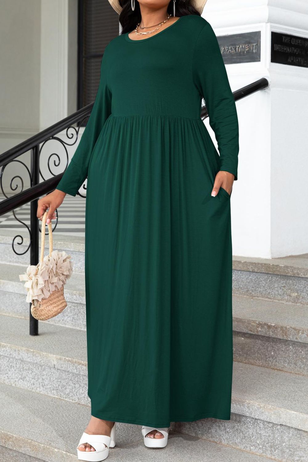 Plus Size Round Neck Long Sleeve Maxi Dress with Pockets-Pimamour